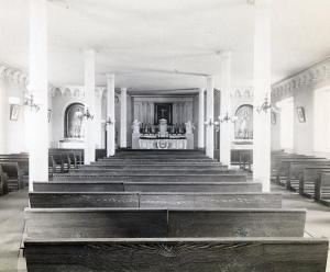 COURTESY GEORGETOWN UNIVERSITY ARCHIVES The Mulledy Hall Chapel, photographed in 1893, provided a space for Jesuit prayer.