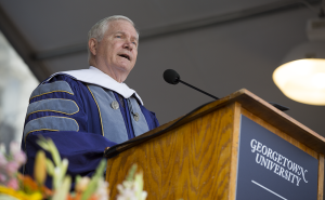 FILE PHOTO: ALEXANDER BROWN/THE HOYA Former Secretary of Defense Robert Gates (GRD ’74) urged School of Foreign Service graduates to buck trends and embrace public service in his May commencement address to the Class of 2014.