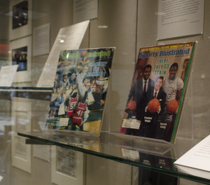 DAN GANNON/THE HOYA Sports covers are prominently featured as part of a rare book exhibit in the Booth Family Center, in addition to manuscripts and art pieces.