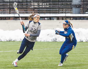 ALEXANDER BROWN/THE HOYA Freshman midfielder Hannah Seibel scored a team-high two goals in Georgetown’s 12-8 loss to No. 16 Loyola Maryland on Wednesday night. Seibel has six goals and two assists for the Hoyas this season.