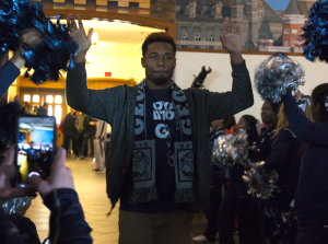 ISABEL BINAMIRA/THE HOYA Junior guard and co-captain D'Vauntes Smith-Rivera is pictured entering Leo O'Donovan Hall for the NCAA Selection Show Party.