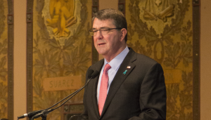 ERICK CASTRO/THE HOYA Secretary of Defense Ashton Carter spoke to Reserve Officers’ Training Corps cadets about the issue of sexual assault in the military in Gaston Hall on Wednesday. 