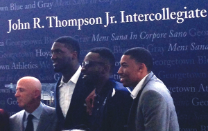 COURTESY ANDREW MINKOVITZ From right to left, former Georgetown basketball players Otto Porter Jr., Jeff Green and Roy Hibbert, along with sports agent David Falk, attended the groundbreaking for the Thompson Athletic Center.