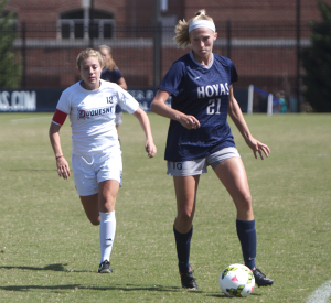 FILE PHOTO: CLAIRE SOISSON/THE HOYA Junior forward Grace Damaska assisted the Hoyas’ only goal in their 2-1 loss to No. 12 Virginia Tech. Damaska leads the team with four goals on the season. 