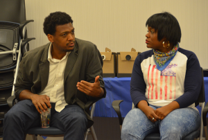 KATHLEEN GUAN/THE HOYA Truth Telling Project Co-Directors David Ragland and Cori Bush held a discussion on police brutality and institutional racism as part of their nationwide initiative to spark dialogue after the Ferguson protests in the Healey Family Student Center last Friday morning.