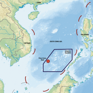 Isabel Binamira China’s island building in the contested South China Sea includes a military base on the Fiery Cross Reef, claimed by three other countries. 