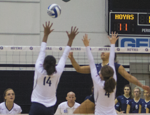 FILE PHOTO: ERICK CASTRO/THE HOYA Freshman middle blocker Symone Speech (left) leads Georgetown with 52 total blocks in the 2015 season and freshman setter Paige McKnight leads the team with 9.68 assists per set in the team’s 20 matches. 