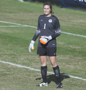 FILE PHOTO: CAROLINE KENNEALLY FOR THE HOYA Graduate student goalkeeper Emma Newins saved one penalty kick during the penalty shootout that decided the Big East tournament semifinal match. 