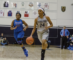 STANLEY DAI/THE HOYA Junior forward Faith Woodard scored 21 points and grabbed eight rebounds in Georgetown’s victory over Seton Hall last Friday.