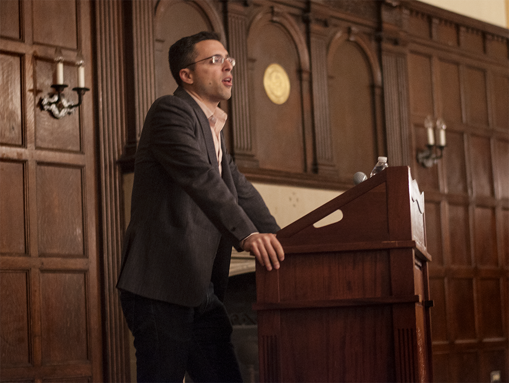 NAAZ MODAN/THE HOYA Editor-in-chief of Vox.com Ezra Klein spoke on the state of the U.S. political system in Copley Lounge on Thursday. 