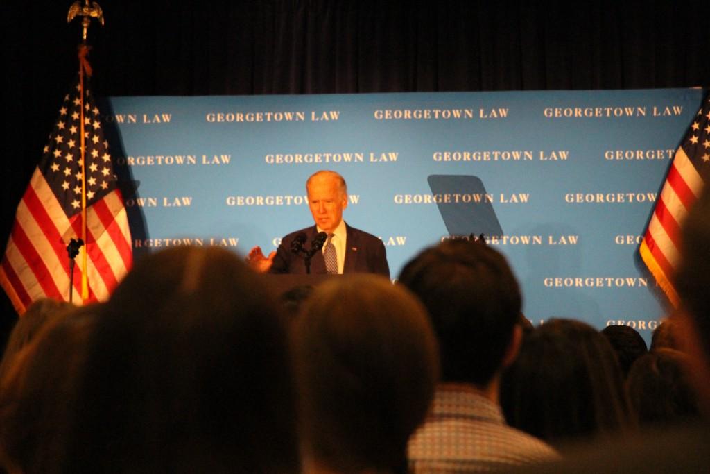 ALY PACHTER/THE HOYA Vice President Joe Biden discussed political dysfunction and the Supreme Court confirmation at the Georgetown University Law Center on Thursday.