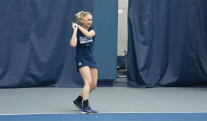 File Photo: Stephanie yuan/THE HOYA Junior Sophie Barnard, pictured, earned a straight set victory in the sixth singles slot in Georgetown’s 6-1 victory over Richmond. Barnard and junior Casey Marx did not finish their doubles match, as Georgetown had already won the point.