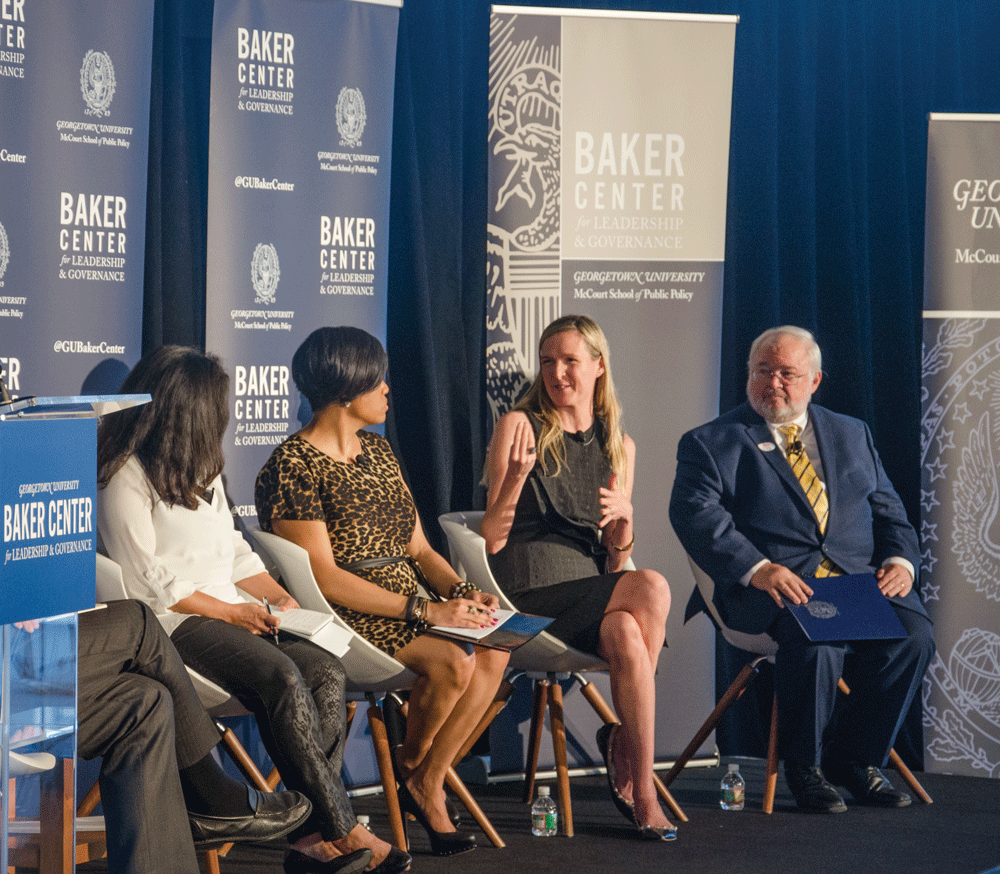 JOHN CURRAN/THE HOYA Panelists discussed the launch of the GU Politics’ Baker Center, which hopes to stimulate policy dialogue, at an event in the Fisher Colloquium on Tuesday. 