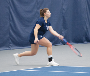 FILE PHOTO: STEPHANIE YUAN/THE HOYA Junior captain Victoire Saperstein, pictured, and freshman Risa Nakagawa won their doubles match against Richmond 6-3. The pair is 10-3 this season in doubles play.