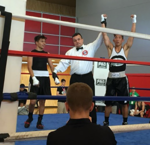 COURTESY GEORGETOWN CLUB BOXING Senior co-captain Jeff Wong, right, defeated his opponent in the men’s 132-novice bracket to win a national title at the USIBA National Championship tournament last weekend.