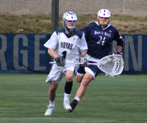 CLAIRE SOISSON/THE HOYA Sophomore goalkeeper Nick Marrocco made 10 saves in Georgetown’s 9-8 loss to Marquette last Saturday. Marrocco has made 93 saves this season for a save percentage of .495.