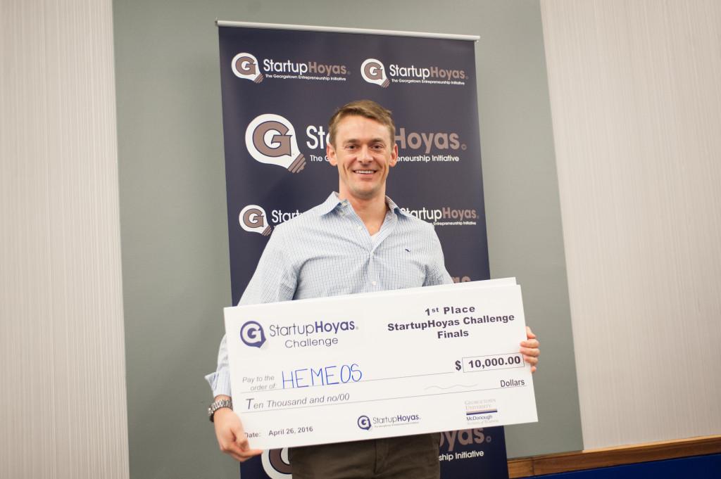 COURTESY GEORGETOWN UNIVERSITY Doug Grant (MBA '16) won $10,000 at Entrepalooza for his pitch of Hemeos, a blood cell stem registry startup 