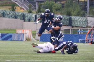 File Photo: Isabel Binamira/THE HOYA Junior cornerback and co-captain David Akere made four tackles Saturday. He has forced one fumble, recovered one fumble and has 11 total tackles this season as a starter on the team’s defense.