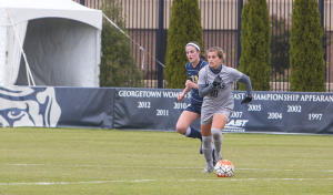 FILE PHOTO: Jenna Chen/The HOYA Junior midfielder Rachel Corboz had a set piece goal from 25 yards out on Sunday. She is tied for the team-high in goals scored with seven and is the team leader in both assists and points with six and 20, respectively.