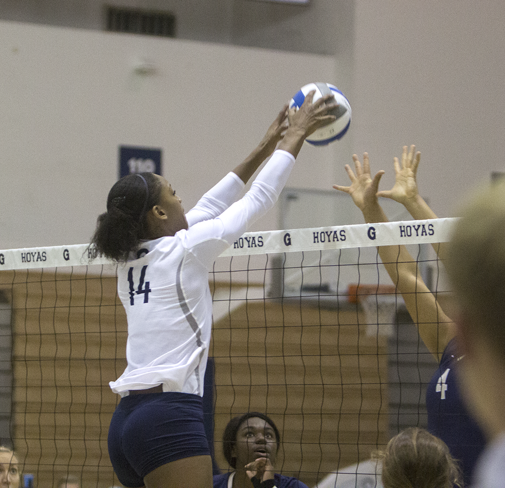 FILE PHOTO: ERICK CASTRO/THE HOYA Sophomore middle blocker Symone Speech had 14 kills in Georgetown’s straight-set victory over Villanova. Speech was named to the Big East Honor Roll this week.