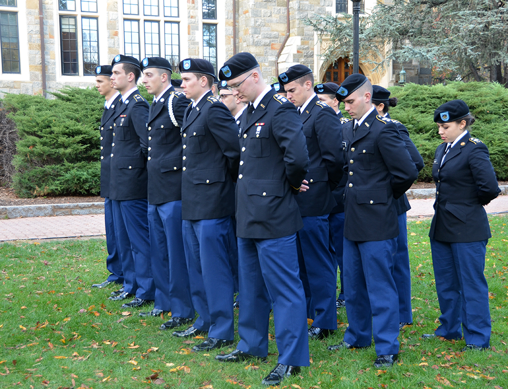 FILE PHOTO: KATHLEEN GUAN/THE HOYA Student veterans, pictured here attending the Veteran’s Day Ceremony last fall, have defended Georgetown’s support for veterans, particularly because of the work done by GUSVA. 