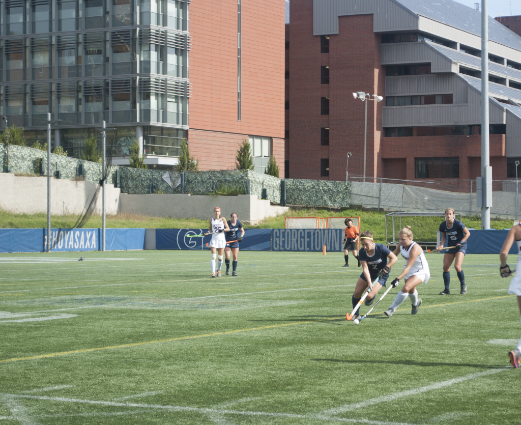 FILE PHOTO: JENNA CHEN/THE HOYA Junior midfielder Meghan Parsons, third from left, tied a career high with three points in Sunday’s 4-2 win against Longwood. She scored one goal and recorded one assist.
