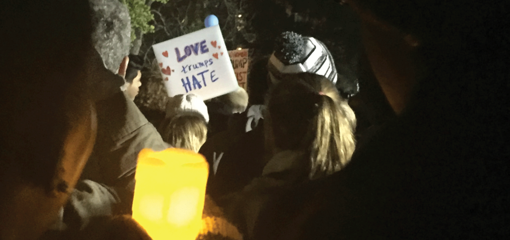 HANNAH URTZ/THE HOYA Georgetown University Law Center student Julie Rheinstrom (GRD ’17) organized a vigil against the rhetoric of President-elect Donald Trump, which was attended by more than 2,000 people on Saturday evening.