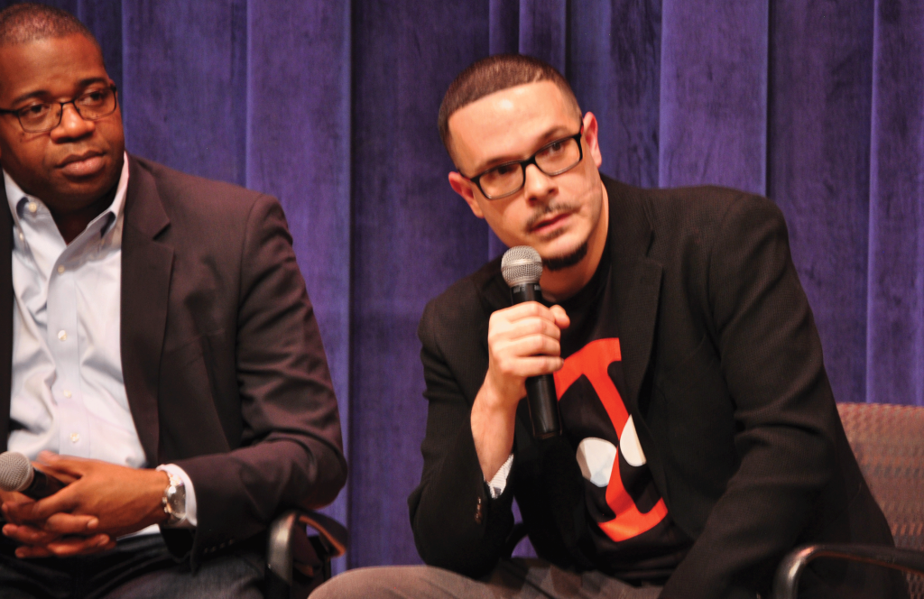 JESUS RODRIGUEZ/THE HOYA James Peterson (left) and activist Shaun King (right) called on students to participate in resistance movements leading up to President-elect Donald Trump’s inauguration in a discussion at the Intercultural Center on Tuesday.