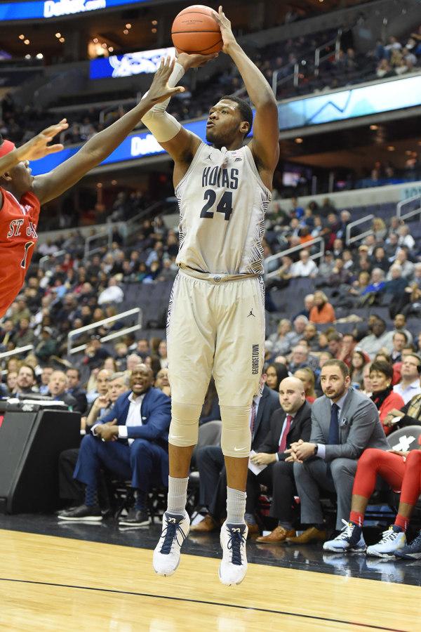 Sophomore forward Marcus Derrickson finished with 11 points on 3-of-4 shooting from three point range and added four rebounds in Monday's win against St. John's. (COURTESY GUHOYAS)