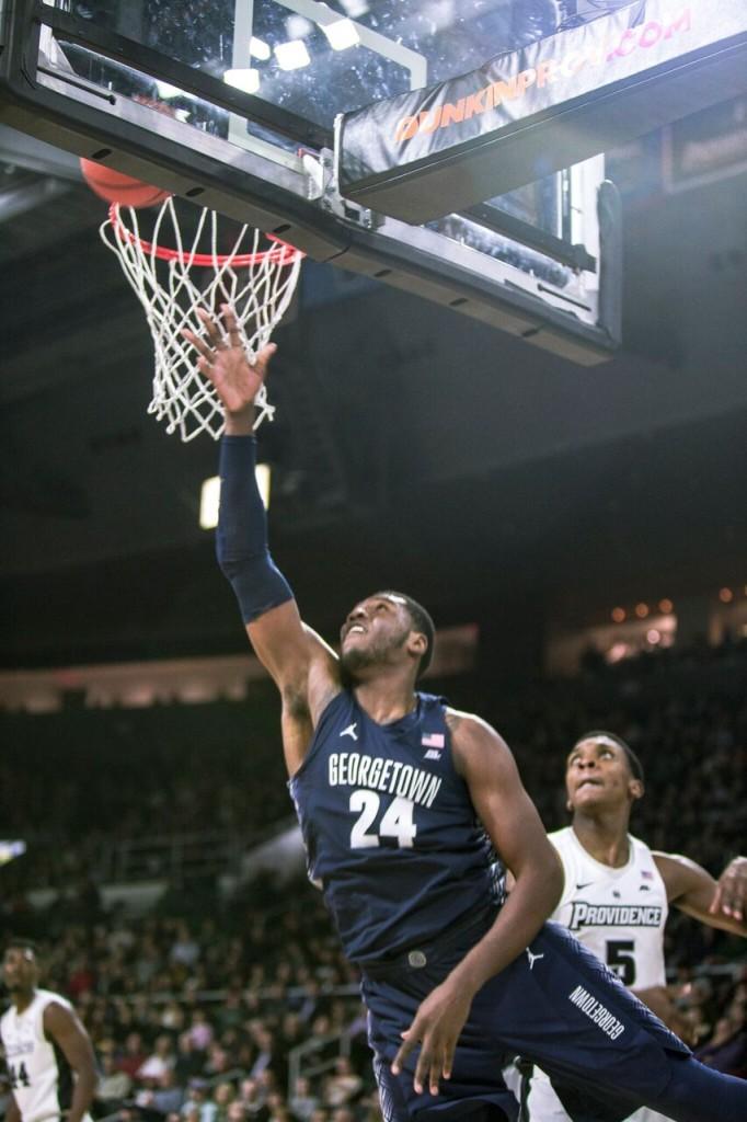 Sophomore forward Marcus Derrickson finished with nine points on 3-of-5 three point shooting in Monday's loss to Providence. Derrickson also dished out four assists and grabbed six rebounds. (FILE PHOTO: DAN KREYTAK/THE HOYA)  
