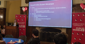 ELLa wan for The hoya                      Students and administrators launched the HoyasForShe initiative, part of the university’s HeForShe requirements, in an effort to raise awareness for gender equity.