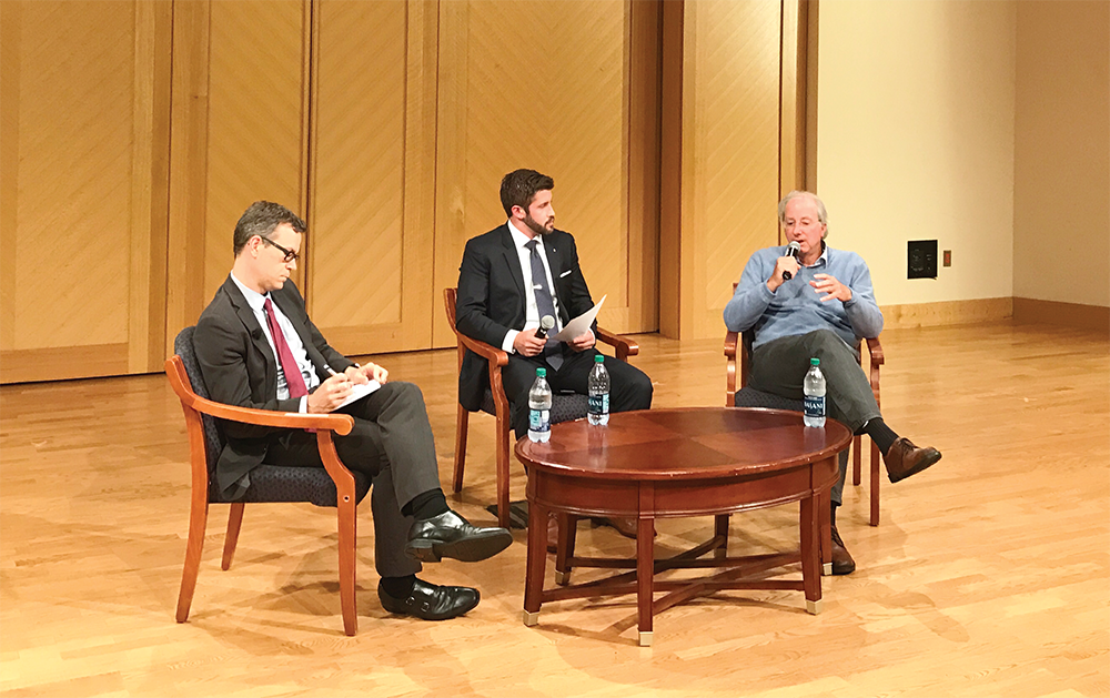 ALEX MOONEY/THE HOYA Panelists Colin Kahl and Dennis Ross discuss the future of Israeli-Palestinian relations under the Trump administration with moderator Matthew Gregory (SFS '17) 