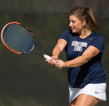 Senior Victoire Saperstein captured a 6-3, 6-1 victory in her No. 1 singles match against her DePaul counterpart in Georgetown’s 4-3 victory on Saturday.  (COURTESY GUHOYAS)